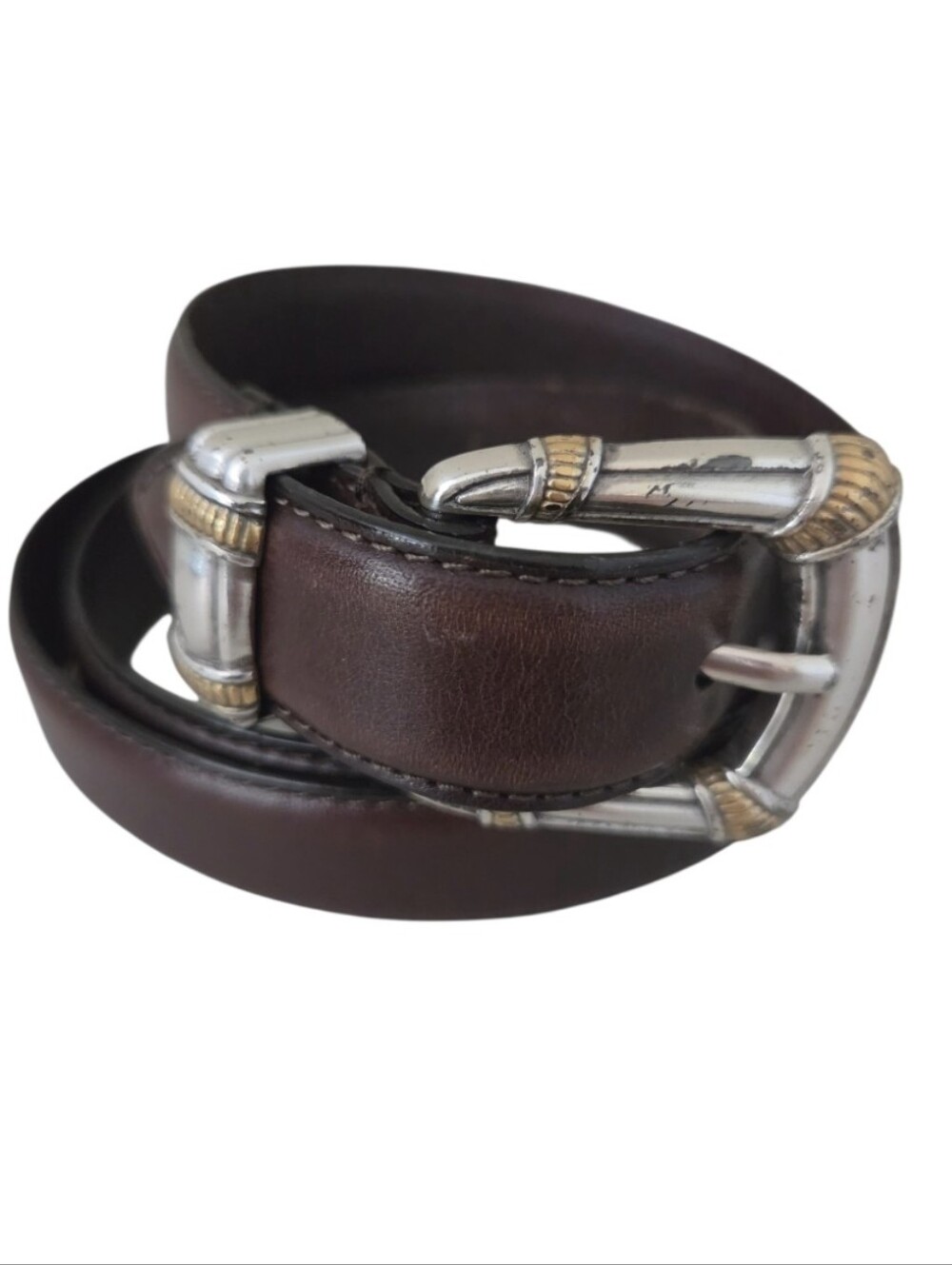 fossil womens brown genuine leather belt silver gold buckle western two tone
